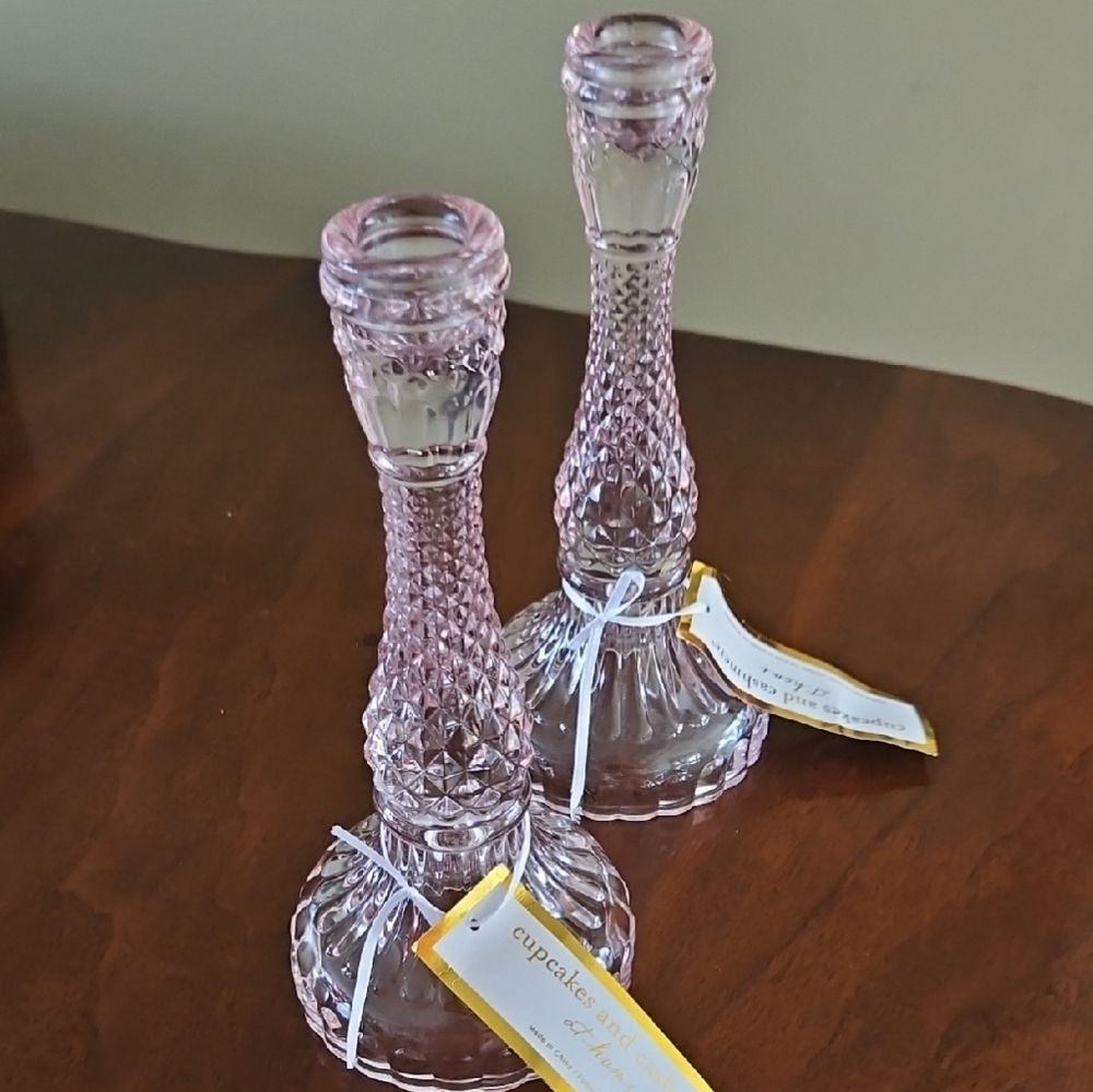 Cupcakes & Cashmere Pink Glass Candlestick Pair